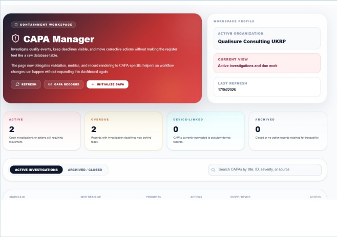 CAPA Manager — active investigations, overdue tracking and corrective actions