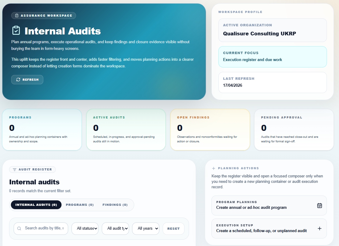 Internal Audit workspace — execution register and findings tracking