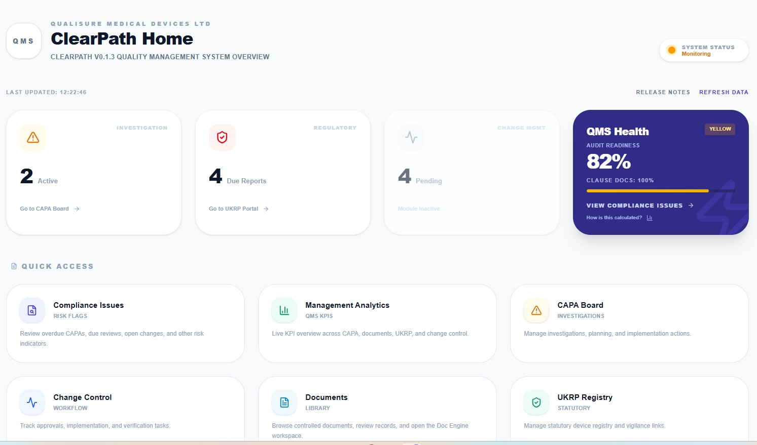 ClearPath Home — live QMS health dashboard with KPIs and compliance metrics