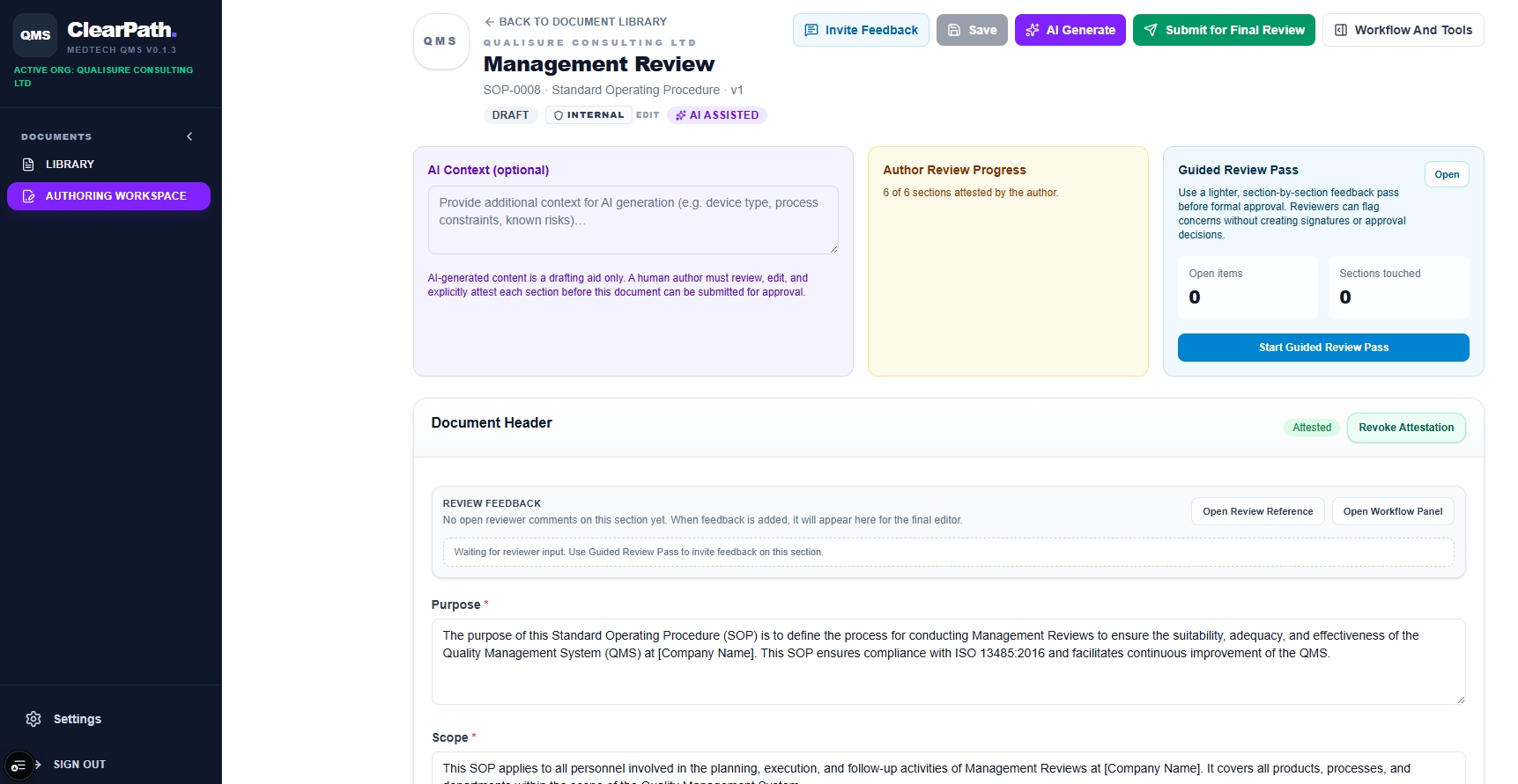 AI-assisted authoring workspace for Management Review SOP
