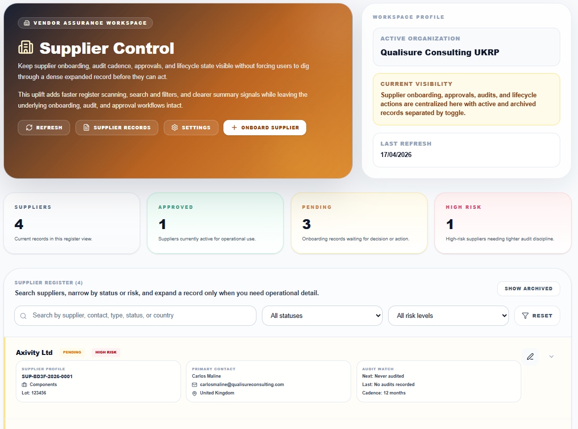 Supplier Control — onboarding, risk classification and audit cadence